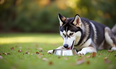 Serene Siberian Husky Eating Peacefully on Autumn Lawn