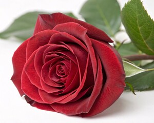 Single Blooming Red Rose with Velvety Petals and Green Leaves on White Background