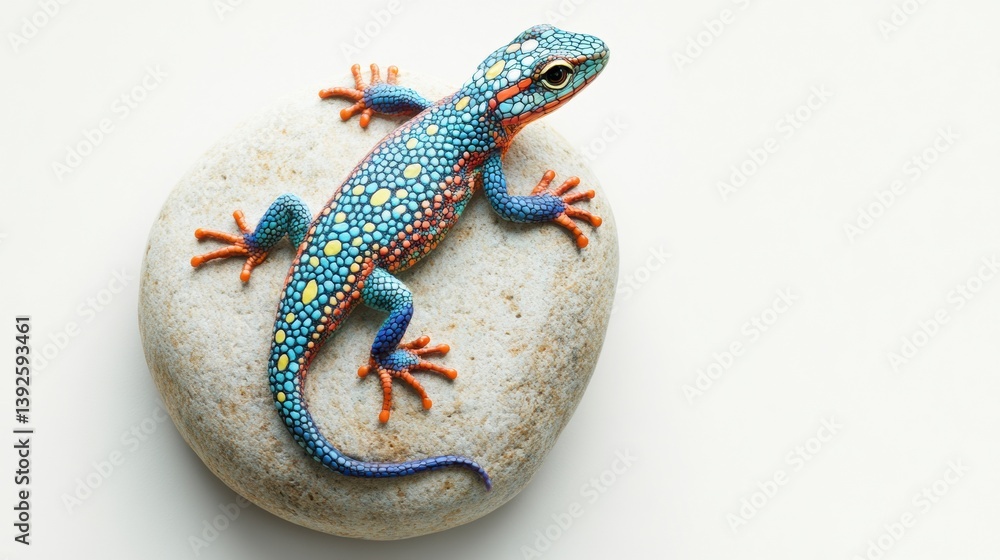 Poster Colorful lizard resting on a textured rock with a drop shadow against a white background