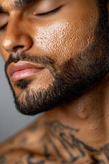 Obraz premium Closeup of a man's face with beard and tattoo