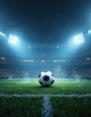Soccer ball on green grass midfield field. Textured, misty smoke, illuminated stadium lights background. Championship match. Football game night. Vertical poster sport activity.