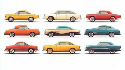 Fototapeta premium Collection of vintage cars in various colors and styles.