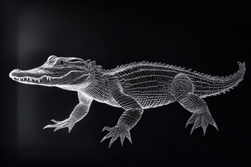 Naklejka premium Alligator Illustration On Black. A detailed illustration of an alligator is depicted in crisp white lines against a solid black background.