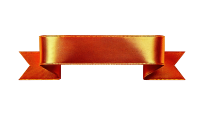A ribbon is orange and has a gold stripe. It is long and narrow. The ribbon is hanging down and is not tied