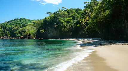 Obraz premium A lost paradise beach accessible only by boat, surrounded by jungle-covered cliffs.