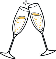 Vector Illustration of Champagne Glasses Clinking with Sparkles and Bubbles for Festive Celebrations and Events