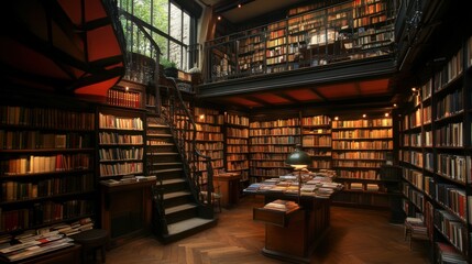 Obraz premium A cosy small bookstore with dim lighting and shelves full of old books.