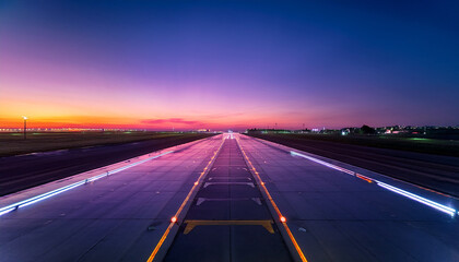 Obraz premium Empty airport runway during sunset with glowing sky and soft reflections 