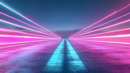 neon floor with sharp cyan and magenta glowing lines converging into the distance 