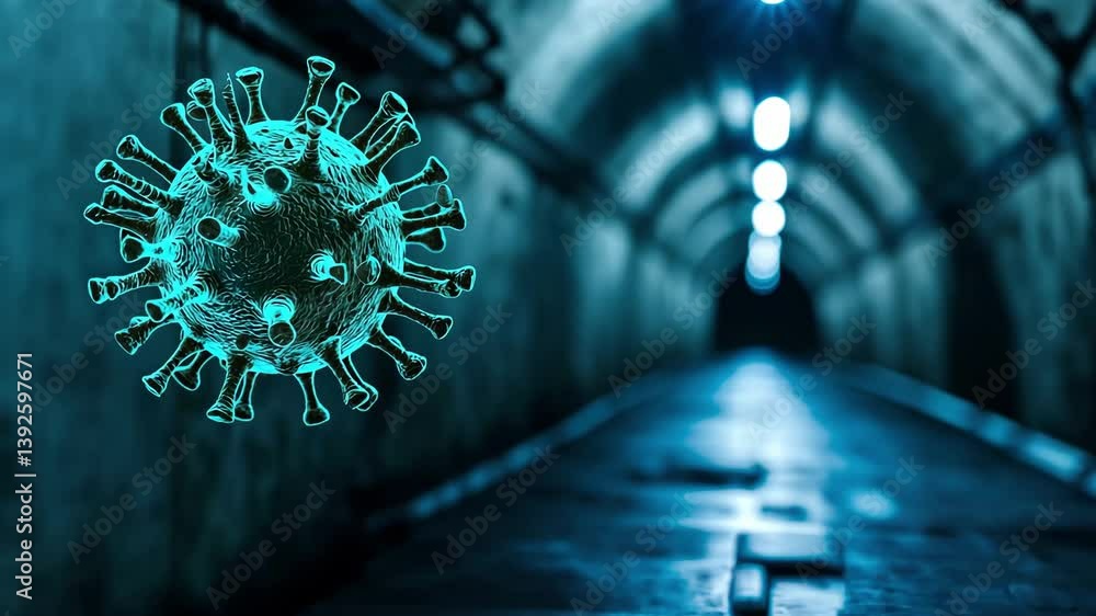 Poster digital representation of virus in dark tunnel glowing structure and eerie atmosphere highlighting s
