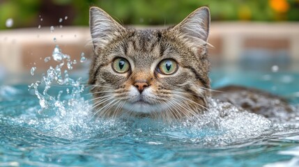 Tabby cat swimming in backyard pool