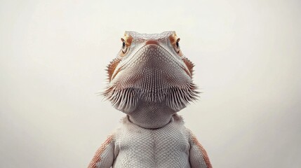 A captivating, low-angle portrait of a bearded dragon with textured skin and a focused gaze. Its spiky beard adds to its unique character