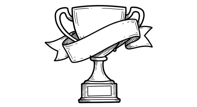 recommend clip art: Black and white line art of a trophy with a blank ribbon banner.