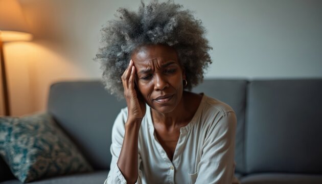 Senior black woman suffers from headache at home. Mature african american lady holds head, feeling pain. Unhappy sad concerned female with migraine, tension. Mental health issues.