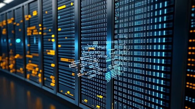 Cybernetic Frontier: Immerse yourself in a realm of modern technology. Rows of servers are captured.