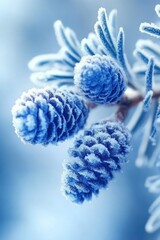 Frozen winter pine cones close-up