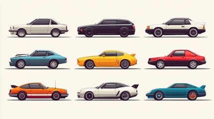 Fototapeta premium Collection of classic cars in various colors and styles, shown in profile view.