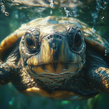 Amazon river turtle wide eyes swimming underwater generative ai