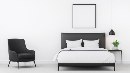Minimalist bedroom with a monochrome color scheme and a stylish bed, ideal for sleek, modern interior design, focusing on simplicity and elegance.

