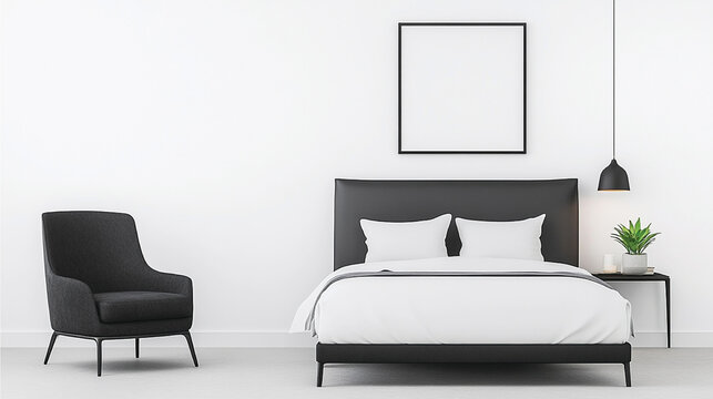 Minimalist bedroom with a monochrome color scheme and a stylish bed, ideal for sleek, modern interior design, focusing on simplicity and elegance.

