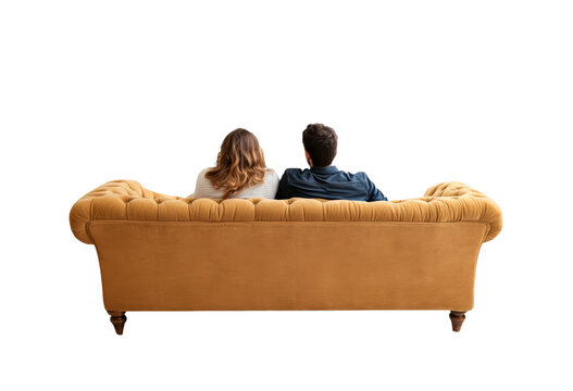 Couple enjoying cozy moments on a leather sofa back view isolated on transparent background