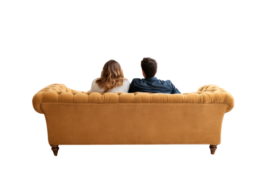 Couple enjoying cozy moments on a leather sofa back view isolated on transparent background