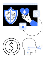 Hand holding healthcare heart, shield symbol with medical icons, respiratory illustration, money sign. Ideal for healthcare, insurance, wellness, medical services, financial planning online