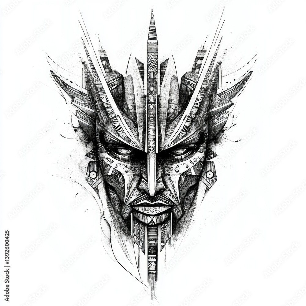 Poster detailed sketch of futuristic mask with intricate designs and sharp features