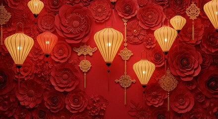 Obraz premium Red Paper Flower & Lantern Festive 3D Render AI Generated
