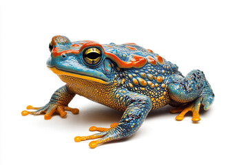 a blue and orange frog sitting on a white surface