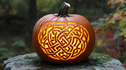A mesmerizing pumpkin with a Celtic knot pattern carved with incredible precision.