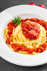 Spaghetti bolognese pasta tomato sauce tasty fresh delicious gourmet food background table rustic food top view copy space