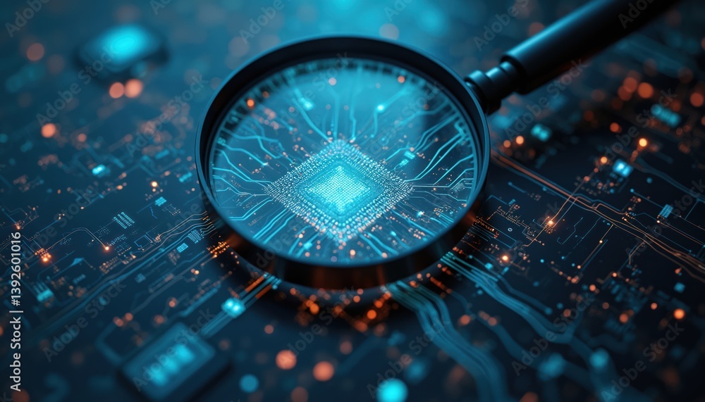 Poster magnifying glass over glowing digital network, circuits, tech elements, data analysis, cybersecurity