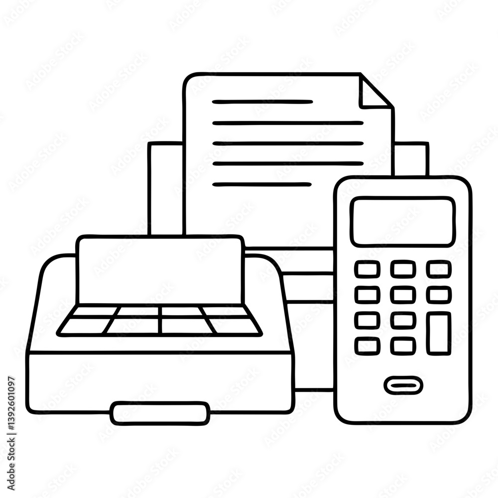 Poster Fax Machine and Computer Line Art Drawing for Coloring Book Page
