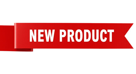 Red ribbon banner with new product text isolated on white background 