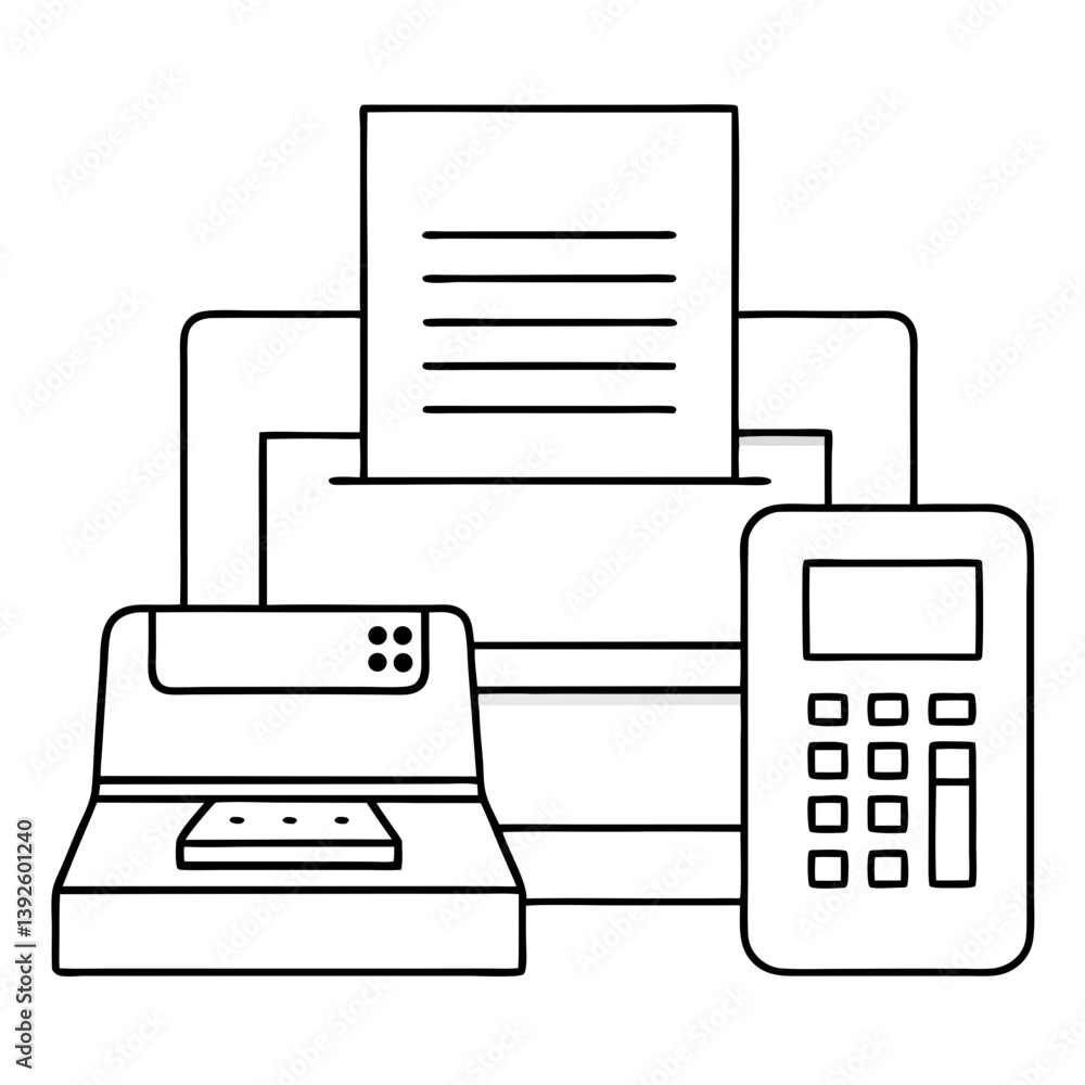Poster fax machine and computer line art drawing for coloring book page