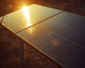 Aerial view of solar panels at sunset, with reflections of sunlight on glass, emphasizing the power of renewable energy generation and natures beauty