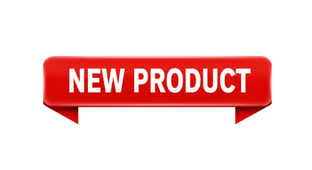 Red ribbon banner with new product text isolated on white background 