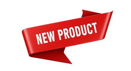 Red ribbon banner with new product text isolated on white background 