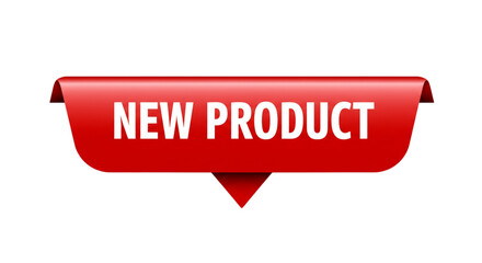 Red ribbon banner with new product text isolated on white background 