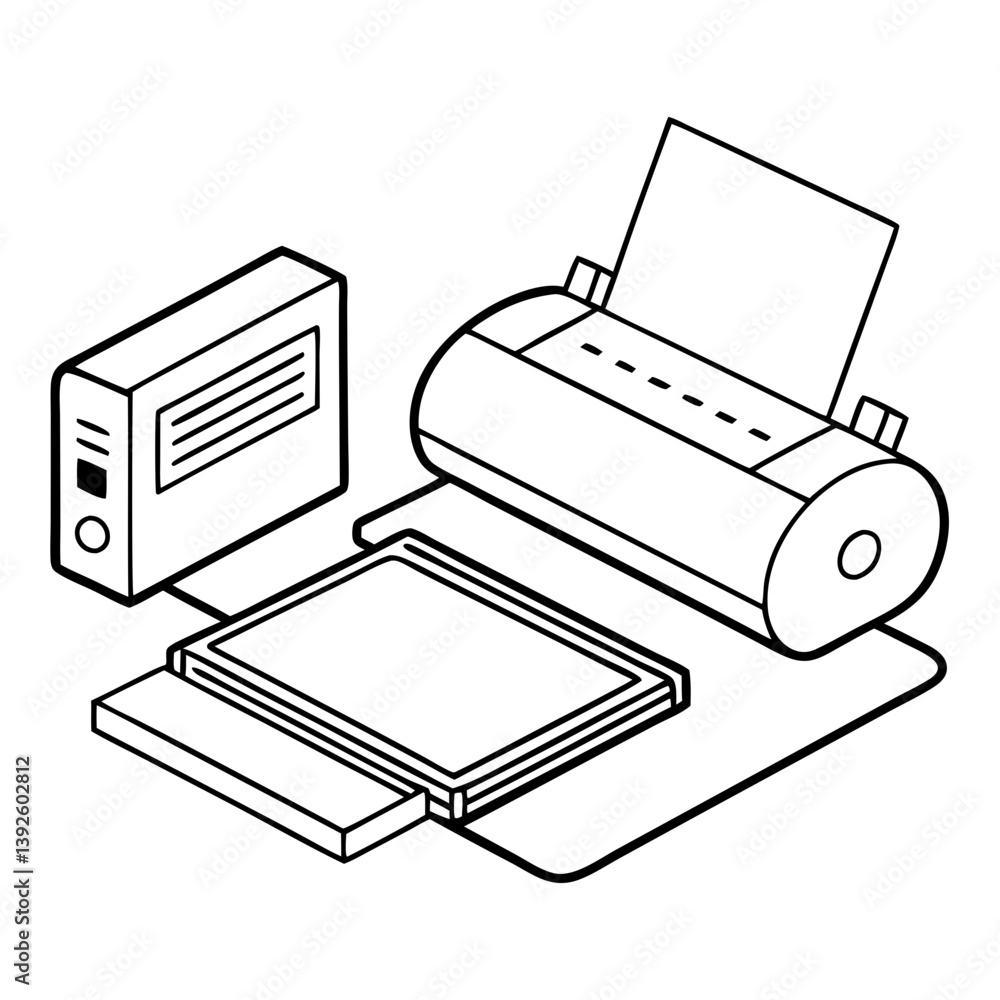 Aufkleber laminator and computer line art drawing for coloring book page