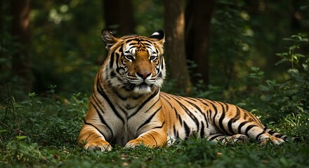 Royal Bengal Tiger laying in the forest, showcasing its beautiful orange fur and black stripes, endangered, wildlife