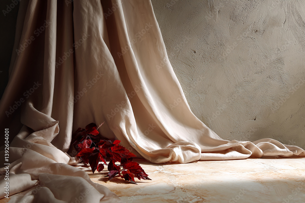 Aufkleber beige fabric drapes elegantly on floor and wall, showcasing a branch with dark red leaves. the scene