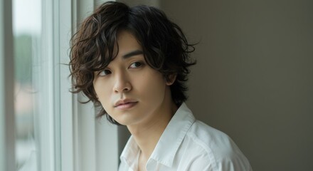 Portrait of a young man with curly dark hair looking out the window