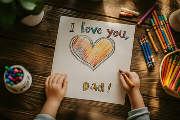 Child joyfully creates a heartfelt drawing for dad