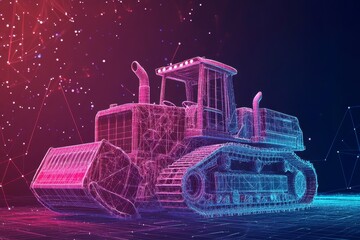 3D Wireframe Bulldozer with Colorful Neon Lights and Background