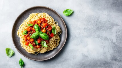 A plate of spaghetti topped with fresh basil and tomato sauce, garnished with cherry tomatoes, arranged beautifully against a textured background.