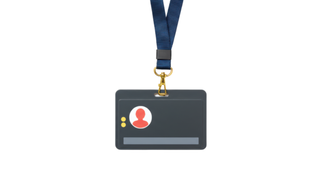 Isolated Dark Gray Identification Card with Lanyard and Red Profile Icon