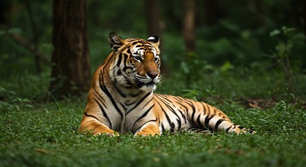Royal Bengal Tiger laying in the forest, showcasing its beautiful orange fur and black stripes, endangered, wildlife