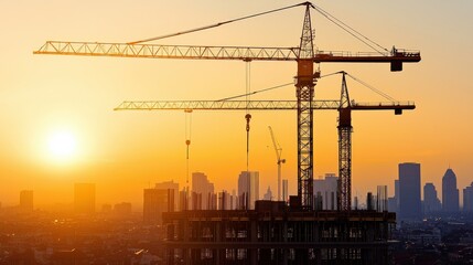 A vibrant sunrise over a city skyline, featuring construction cranes and partially built structures silhouetted against the colorful sky.